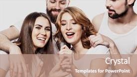  Presentation with mic - Beautiful presentation theme featuring open mic - portrait of happy girls backdrop and a coral colored foreground