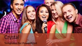  Presentation with microphone - Theme enhanced with open mic - portrait of happy girls background and a red colored foreground