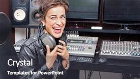  Presentation with recording studio - Colorful presentation theme enhanced with open mic - young female professional laughing while backdrop and a  colored foreground