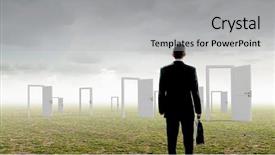  Presentation with opportunity doors - Cool new slides with open new doors and opportunities backdrop and a light gray colored foreground