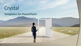  Presentation with opportunity doors - Presentation theme featuring open new doors and opportunities background and a light blue colored foreground