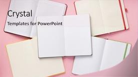  Presentation with open spiral notebook - Slide set with open notebook at abstract background background and a lemonade colored foreground