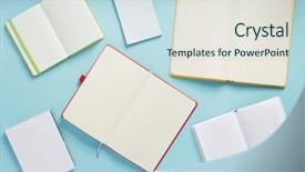  Presentation with open spiral notebook - Colorful presentation design enhanced with open notebook at abstract background backdrop and a sky blue colored foreground