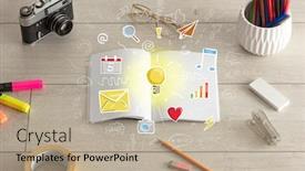  Presentation with notebook - Cool new theme with open notebook on the floor with instruments nearby and icons symbols on it backdrop and a coral colored foreground