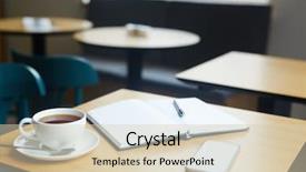  Presentation with tea cup - PPT theme having open notebook with pen cup background and a soft green colored foreground