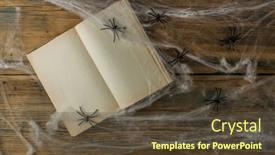  Presentation with old book - Colorful slide deck enhanced with open-old-book-and-spiderweb backdrop and a tawny brown colored foreground
