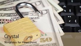  Presentation with padlock - PPT layouts having open padlock and a stack of money on a black computer keyboard background and a coral colored foreground