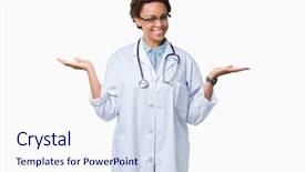  Presentation with doctor african - Audience pleasing presentation consisting of open palms presenting and advertising backdrop and a sky blue colored foreground