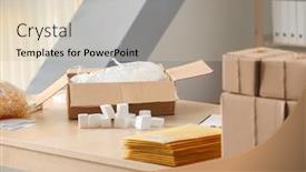  Presentation with home office - Presentation with open parcel box on table in home office background and a soft green colored foreground