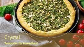  Presentation with spinach - Beautiful presentation theme featuring open pie with spinach and tomato cherry on table close up backdrop and a tawny brown colored foreground