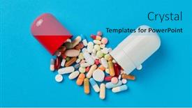  Presentation with medicines - Audience pleasing presentation design consisting of open-pill-with-various-colorful backdrop and a teal colored foreground