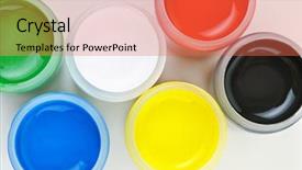  Presentation with plastic containers - PPT theme having open plastic containers of paint in primary colors top view background and a coral colored foreground