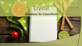  Presentation with recipe book - Presentation design enhanced with open recipe book lemon slices on color tablecloth background background and a yellow colored foreground