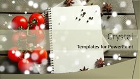  Presentation with recipe book - Presentation theme with open recipe book on wooden background over snow effect background and a soft green colored foreground