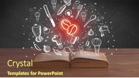  Presentation with recipe book - Slide deck featuring open-recipe-book-with-food background and a tawny brown colored foreground