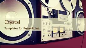  Presentation with tape recorder - Audience pleasing presentation consisting of audio signal - analog stereo open reel tape backdrop and a cream colored foreground