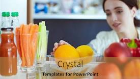  Presentation with refrigerator - Theme with open refrigerator with fresh fruits and vegetable open refrigerator background and a yellow colored foreground