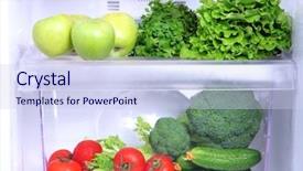  Presentation with refrigerator - Colorful presentation theme enhanced with open refrigerator with vegetarian food backdrop and a sky blue colored foreground
