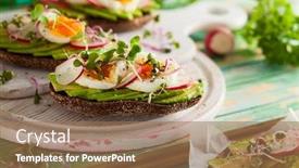  Presentation with vegetarian - Audience pleasing slides consisting of open sandwiches with avocado radish boiled egg and sprouts concept of healthy eating or vegetarian food backdrop and a coral colored foreground