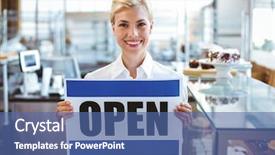  Presentation with cafe - Colorful presentation theme enhanced with open sign - cafe owner smiling backdrop and a ocean colored foreground