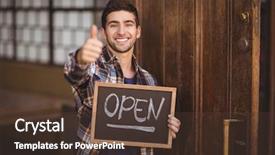  Presentation with coffee shop - Colorful presentation theme enhanced with open sign - portrait of smiling casual waiter backdrop and a tawny brown colored foreground