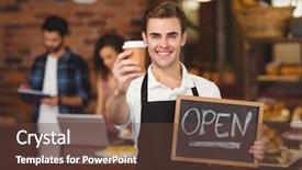  Presentation with coffee shop - Slide deck with open sign at coffee shop background and a tawny brown colored foreground