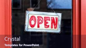  Presentation with open door - Audience pleasing slide deck consisting of open-sign-on-a-door backdrop and a wine colored foreground