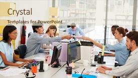  Presentation with passing the baton - Cool new presentation design with open space - colleagues passing paperwork across desk backdrop and a lemonade colored foreground