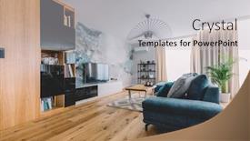  Presentation with room interior design - Cool new PPT theme with open-space-living-room backdrop and a light gray colored foreground