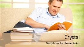  Presentation with 3d man sitting question mark - Presentation having open storybook - man sitting on sofa background and a  colored foreground