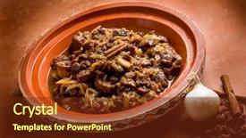  Presentation with grape - Theme consisting of open tajine with meat onion dried grape and cinnamon background and a tawny brown colored foreground