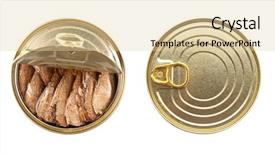  Presentation with closed - Presentation consisting of open tin cans with fish background and a lemonade colored foreground