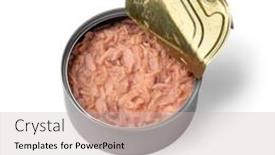  Presentation with preserved - Audience pleasing slide deck consisting of open-tin-with-preserved-tuna backdrop and a soft green colored foreground