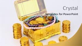  Presentation with treasure chest - Slide deck having open-treasure-chest-coins-jewelry background and a sky blue colored foreground