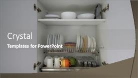  Presentation with kitchen cabinet - Presentation theme consisting of open-wide-white-kitchen-cabinet background and a gray colored foreground