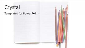  Presentation with colored pencils - Beautiful presentation theme featuring open workbook on white backdrop and a sky blue colored foreground
