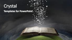  Presentation with old book - Theme having opened book with characters flying background and a dark gray colored foreground