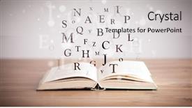  Presentation with open book - PPT theme with opened book with flying letters background and a light gray colored foreground