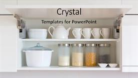  Presentation with nano carbon nanotube structure inside - Presentation theme with opened cupboard with kitchenware inside background and a light gray colored foreground