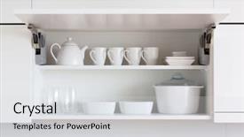  Presentation with inside ouut - Cool new slide deck with opened cupboard with kitchenware inside backdrop and a light gray colored foreground
