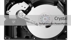 Presentation with hard disk drive - Cool new PPT theme with opened hard drive isolated backdrop and a light gray colored foreground