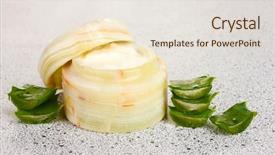  Presentation with water droplets - Slides enhanced with opened jar of cream and aloe in water droplets on grey background background and a lemonade colored foreground