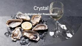  Presentation with lemon wine - Theme having prosecco - opened oysters ice and lemon background and a gray colored foreground