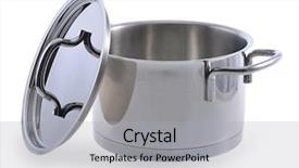  Presentation with stainless steel - Slide set enhanced with opened stainless steel pot isolated on white background background and a light gray colored foreground