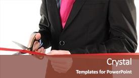  Presentation with ribbon cutting grand opening - Colorful PPT theme enhanced with grand opening - man's hand cutting red ribbon backdrop and a tawny brown colored foreground