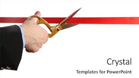  Presentation with ribbon cutting grand opening - Slide deck enhanced with grand opening - man's hand cutting red ribbon background and a white colored foreground