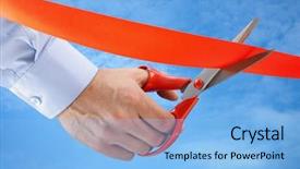  Presentation with cutting ceremony - Beautiful PPT theme featuring opening ceremony - businessman cutting a red ribbon backdrop and a light blue colored foreground