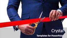  Presentation with cutting ribbon - Beautiful presentation featuring opening ceremony - businessman cutting red ribbon isolated backdrop and a navy blue colored foreground
