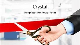  Presentation with cutting ceremony - Colorful slide deck enhanced with opening ceremony - businessman cutting red ribbon backdrop and a white colored foreground