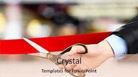  Presentation with cutting ribbon - Colorful presentation design enhanced with opening ceremony - businessman cutting red ribbon backdrop and a coral colored foreground